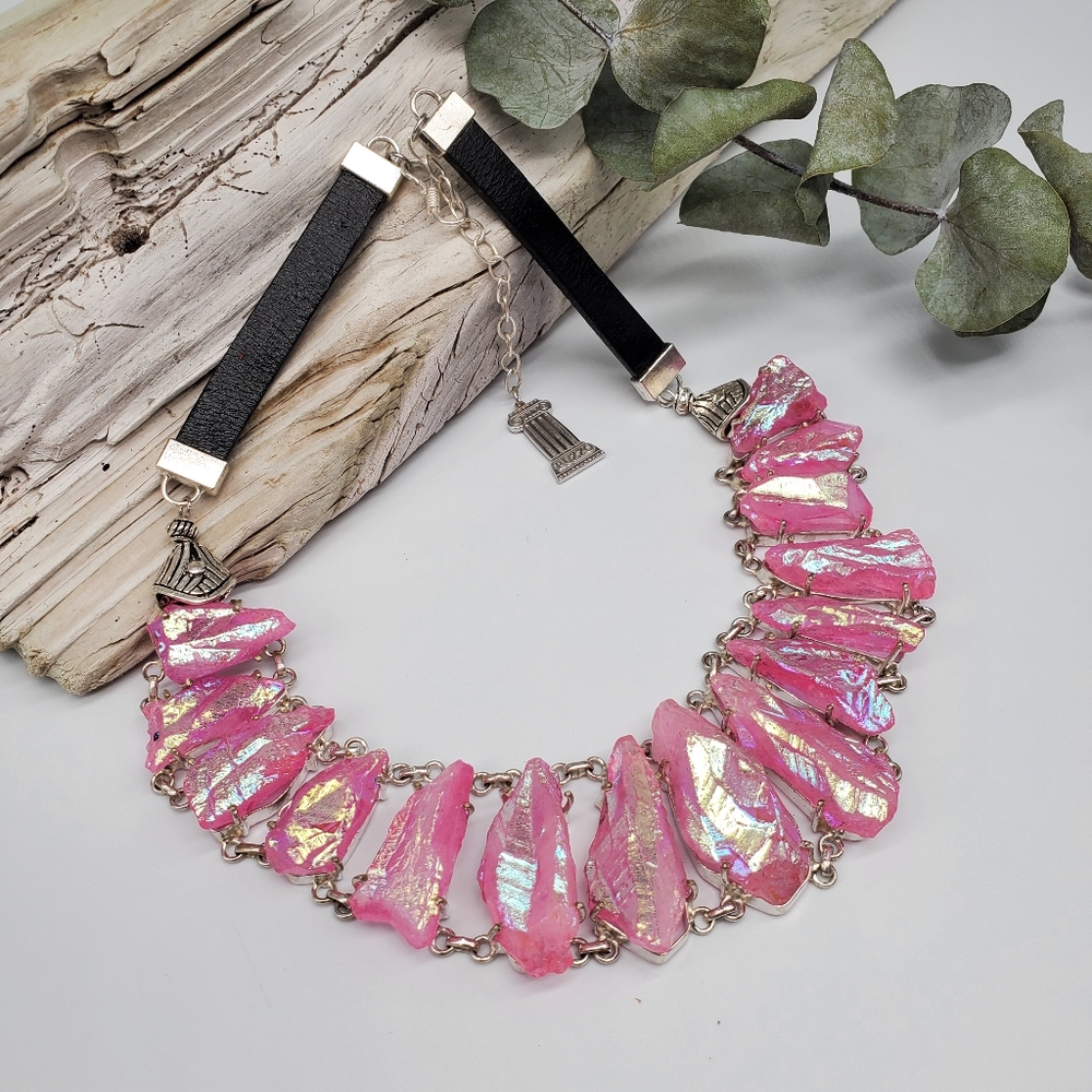 Ivana Ruzzo Designer Necklace Silver Leather Genuine Angel Quartz Stone